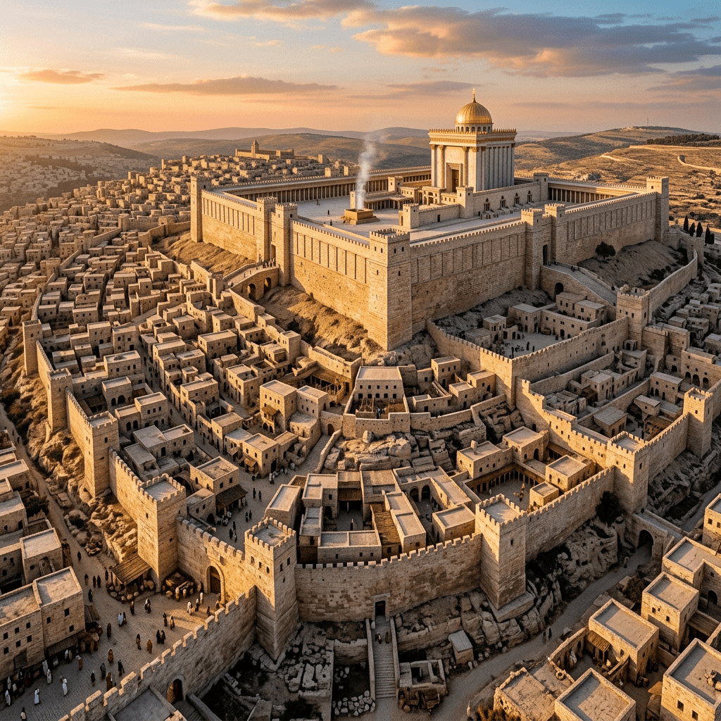 Ancient temple with golden dome and surrounding walled city on a hill at sunset